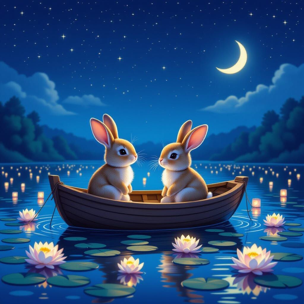 Two Bunnies on a Lantern-Lit Lake at Night