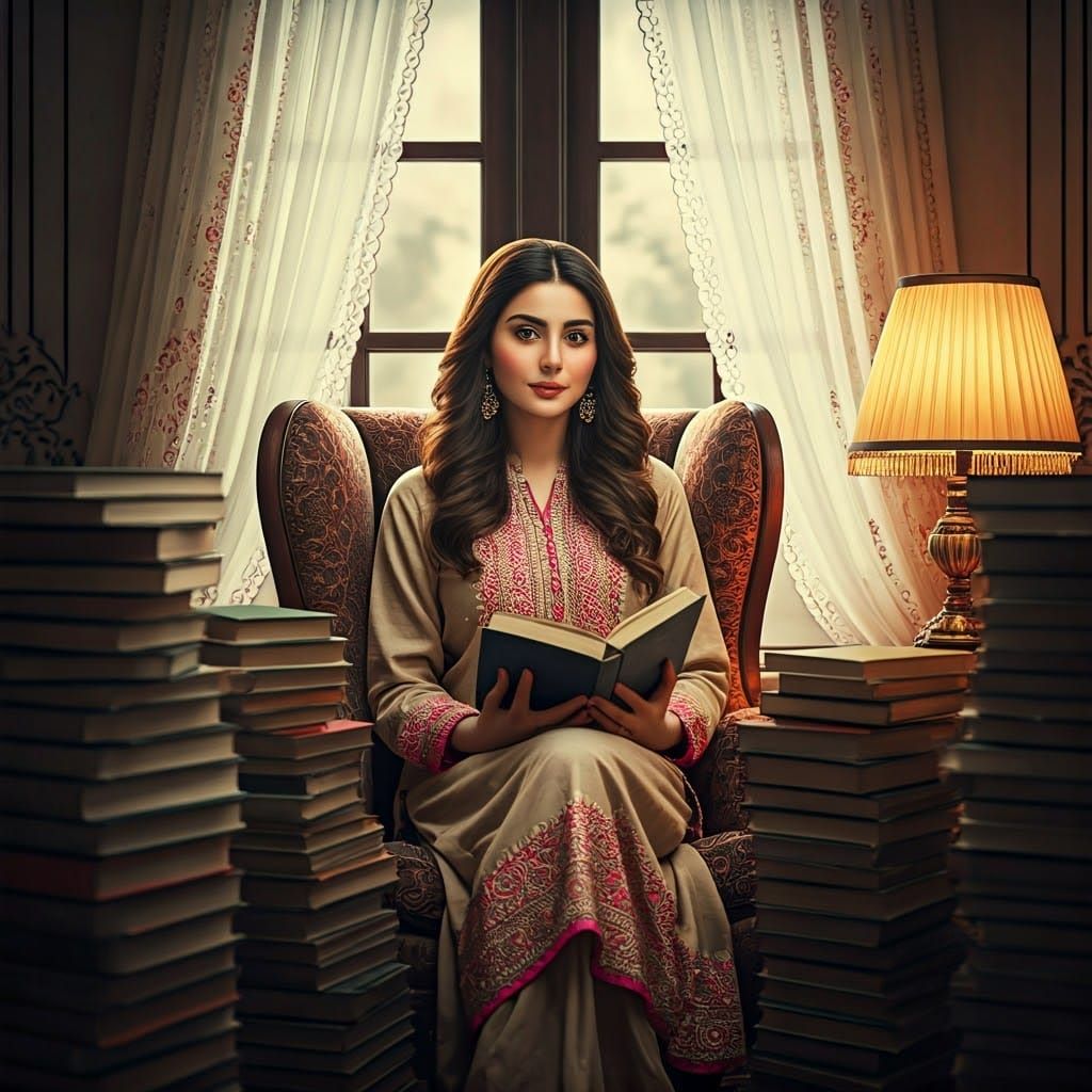 Stunning Pakistani Pashto Woman in Cozy Library Setting