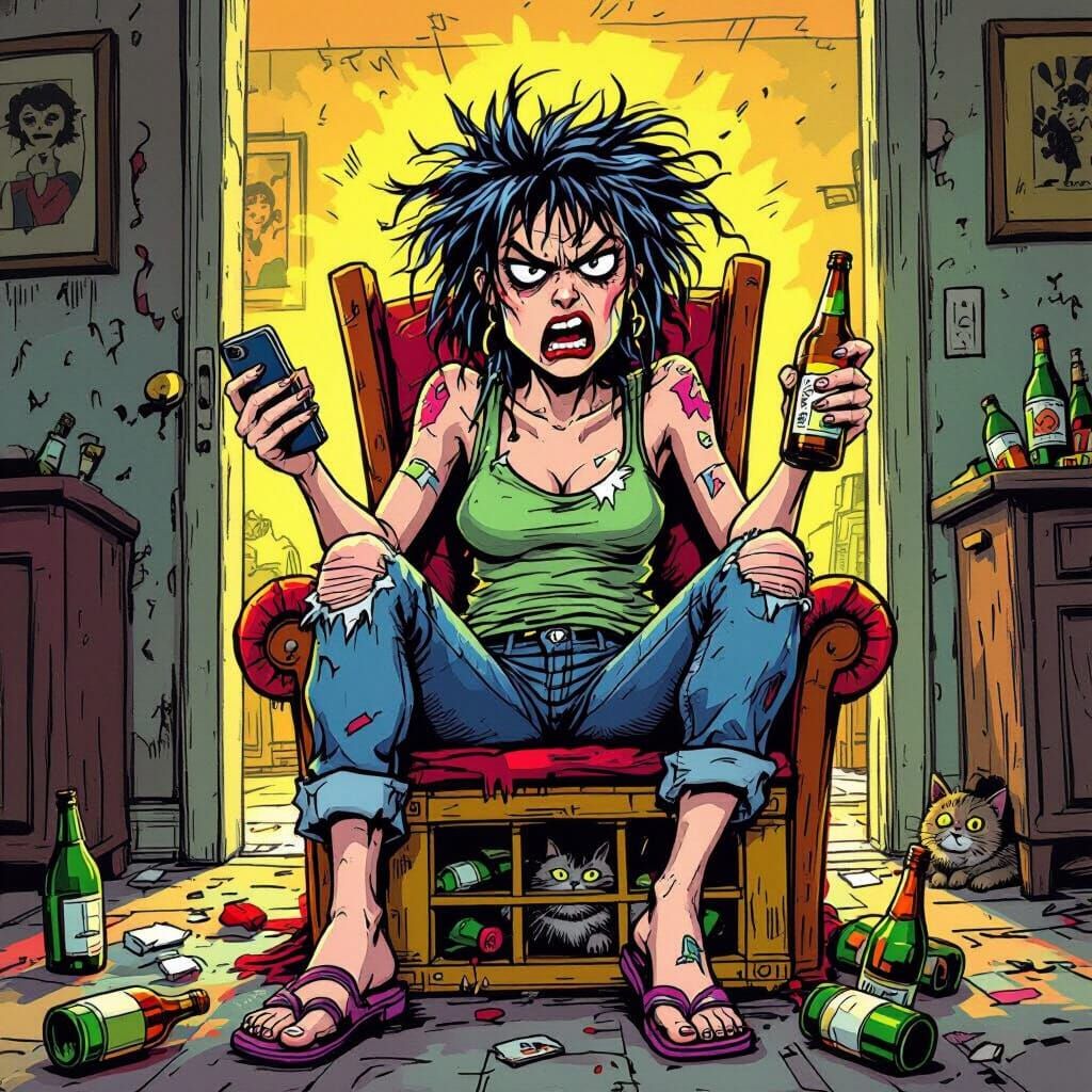 Drunk Woman on Beer Crate Throne in Chaotic Apartment