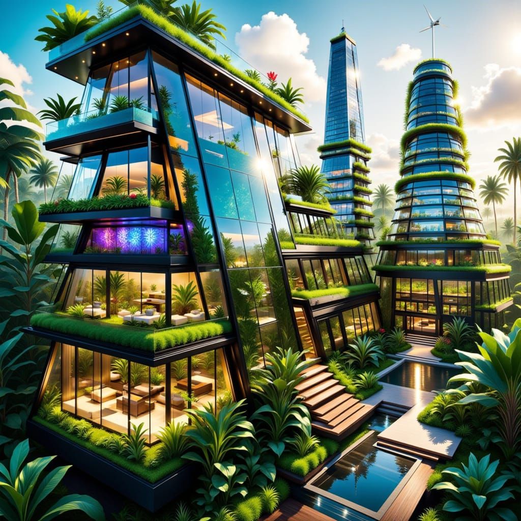 Futuristic Rooftop Garden City at Twilight