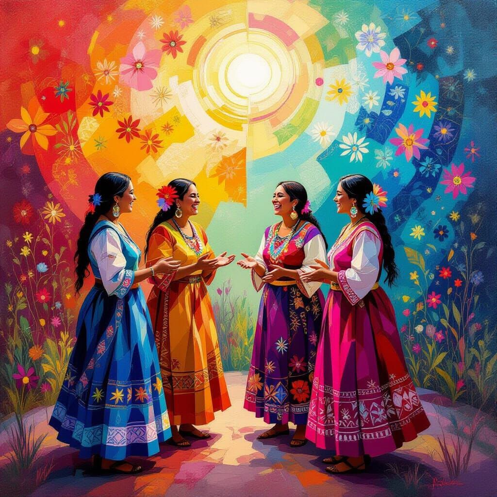 Four Curanderas Laughing in Vibrant Abstract Art