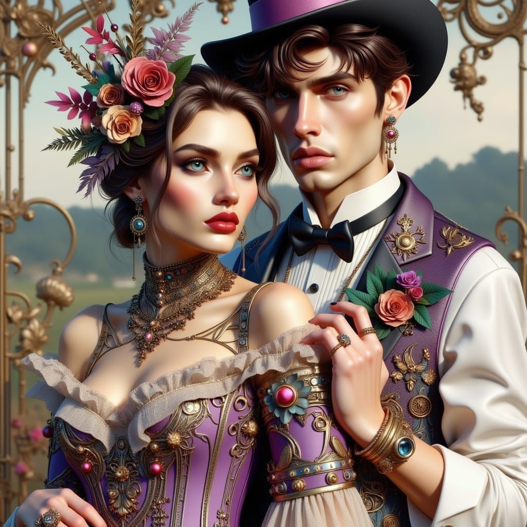 Steampunk Couple at Grand Ball as Impasto Oil Painting