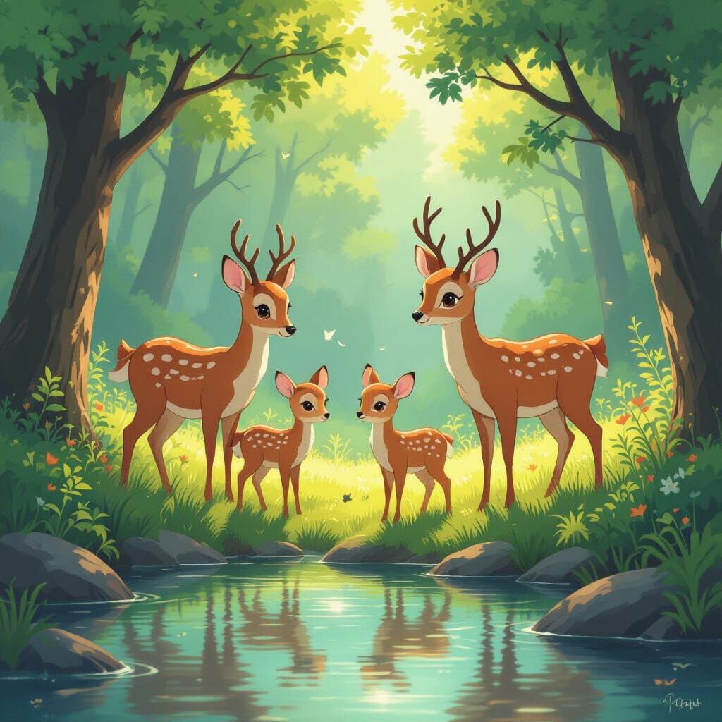 Deer Family at Forest Pond in Ghibli Style