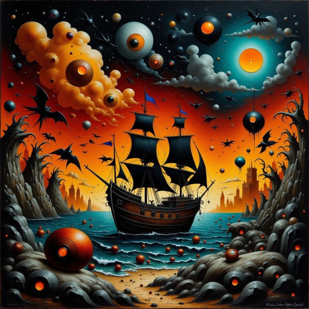 Dark Fantasy Shipwreck Scene in Retro Metal Style