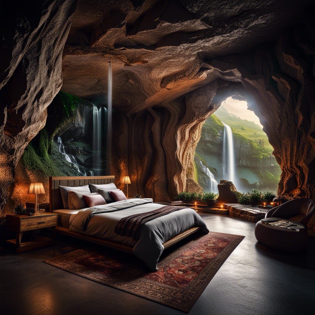 Cave Bedroom with Waterfall in Hyperrealistic Style