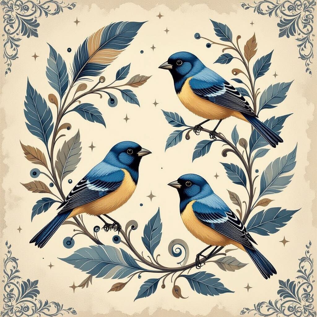 Monochromatic Painted Buntings in Faded Stampwork Style