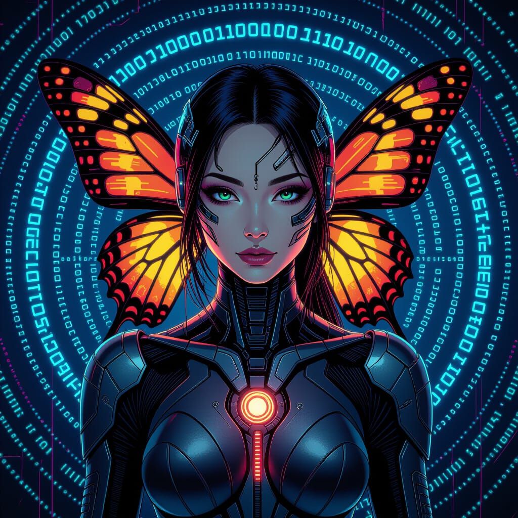 Neon Cyborg Butterfly Woman in Anime Style