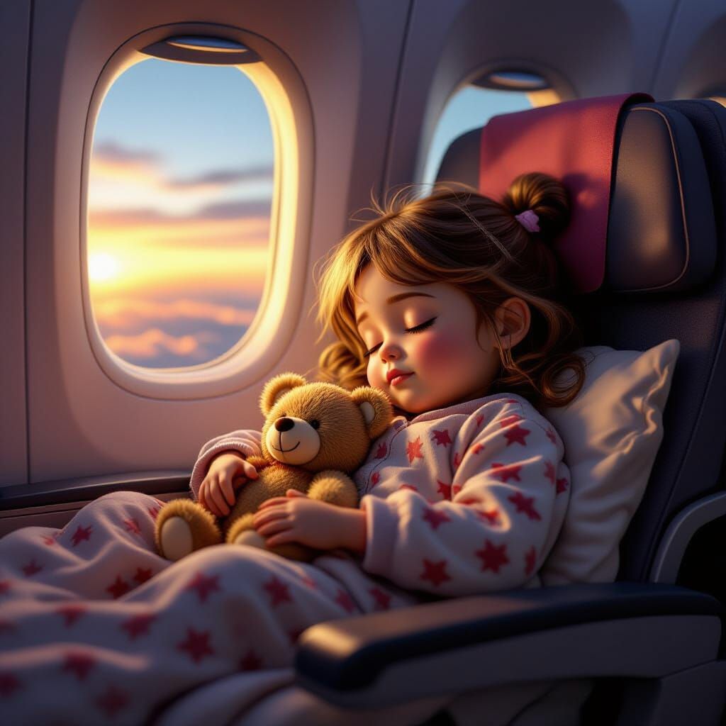 Toddler Asleep on Airplane in Pixar Style