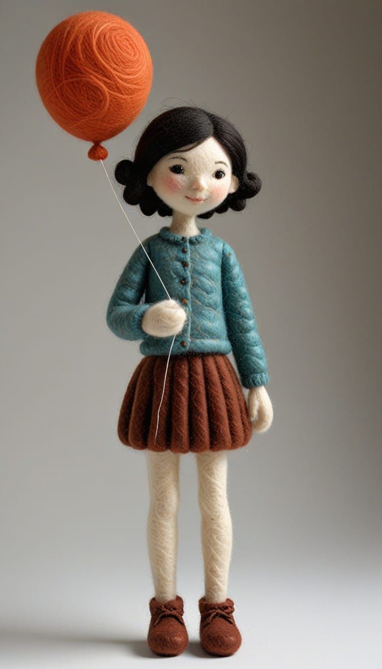 Soft Organic Sculpture of Girl with Balloon in Needle Felted...