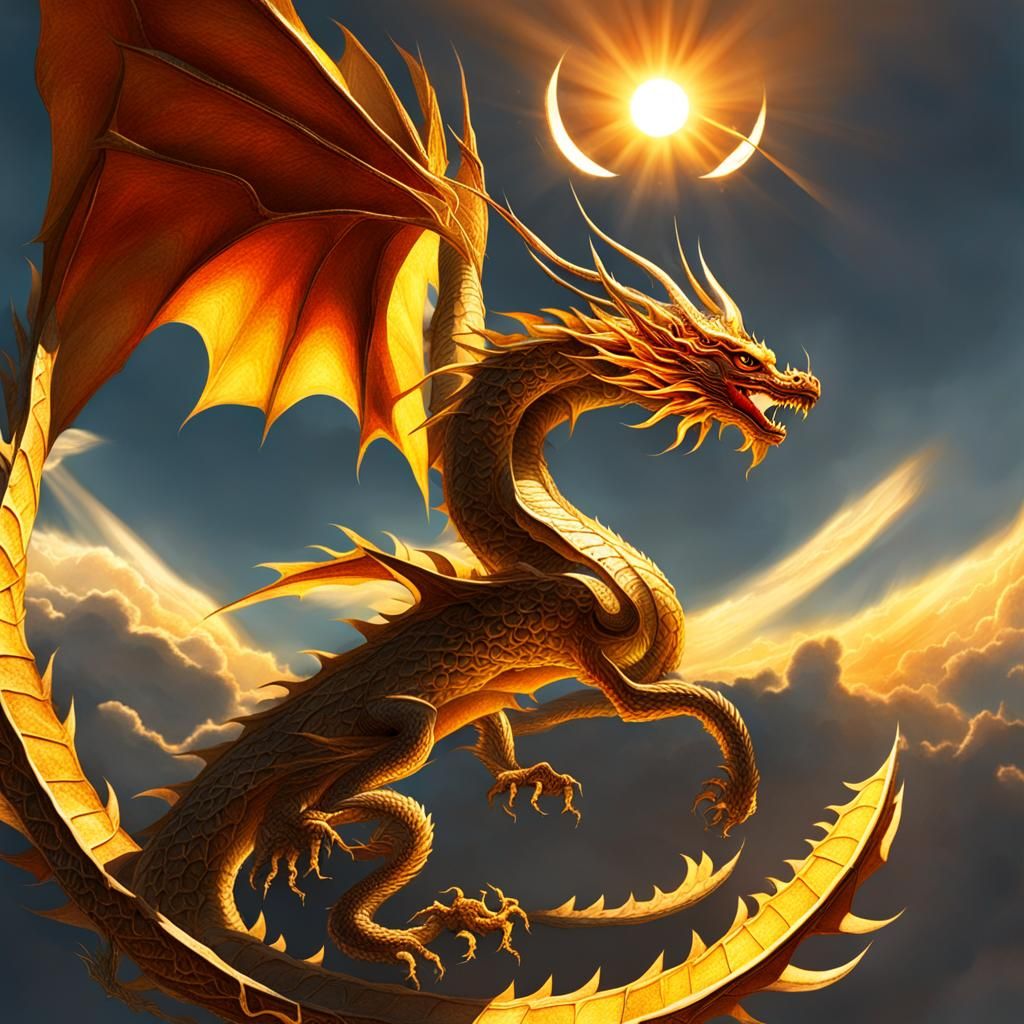 Golden Sun Dragon in the Sky