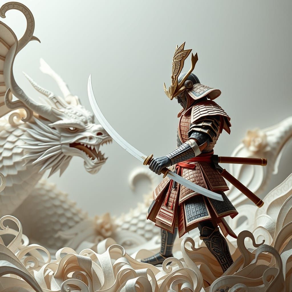 Majestic Samurai Defends Against Ancient Dragon in Origami W...