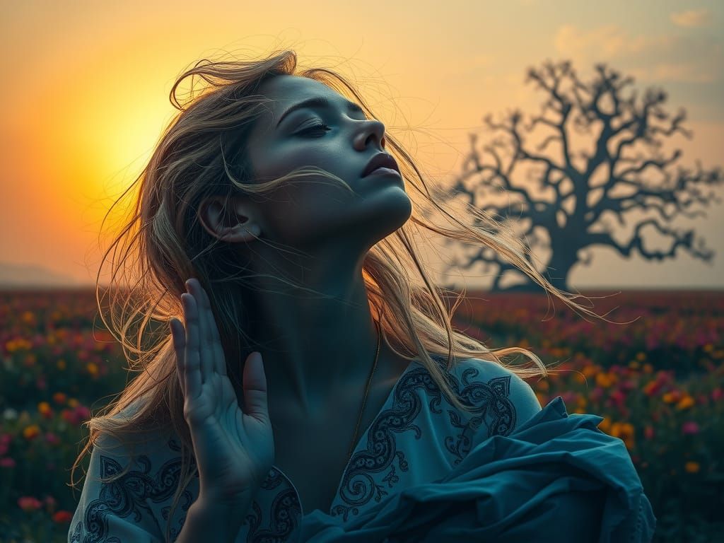 Devout Woman in Double Exposure with Blue Tattoo