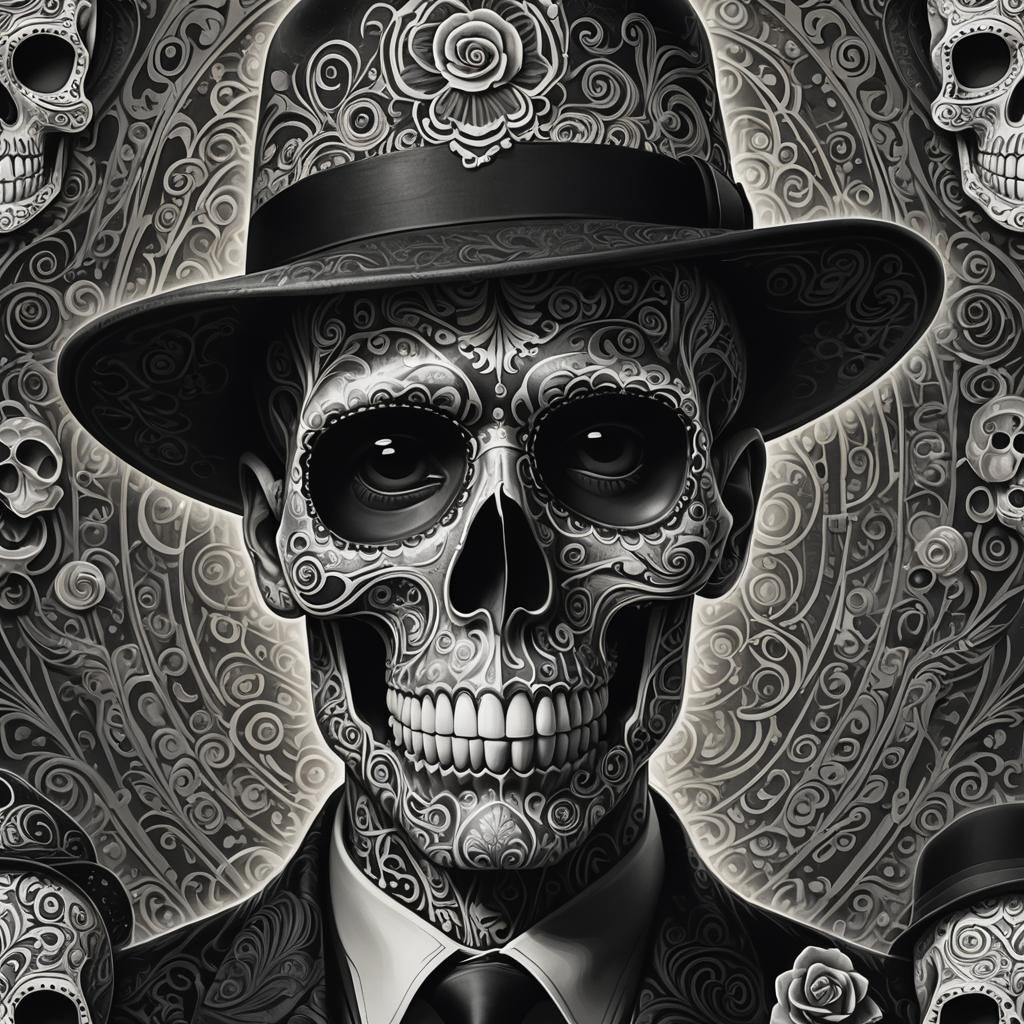 Ornate Sugar Skull Gangster in Fedora, Gothic Art