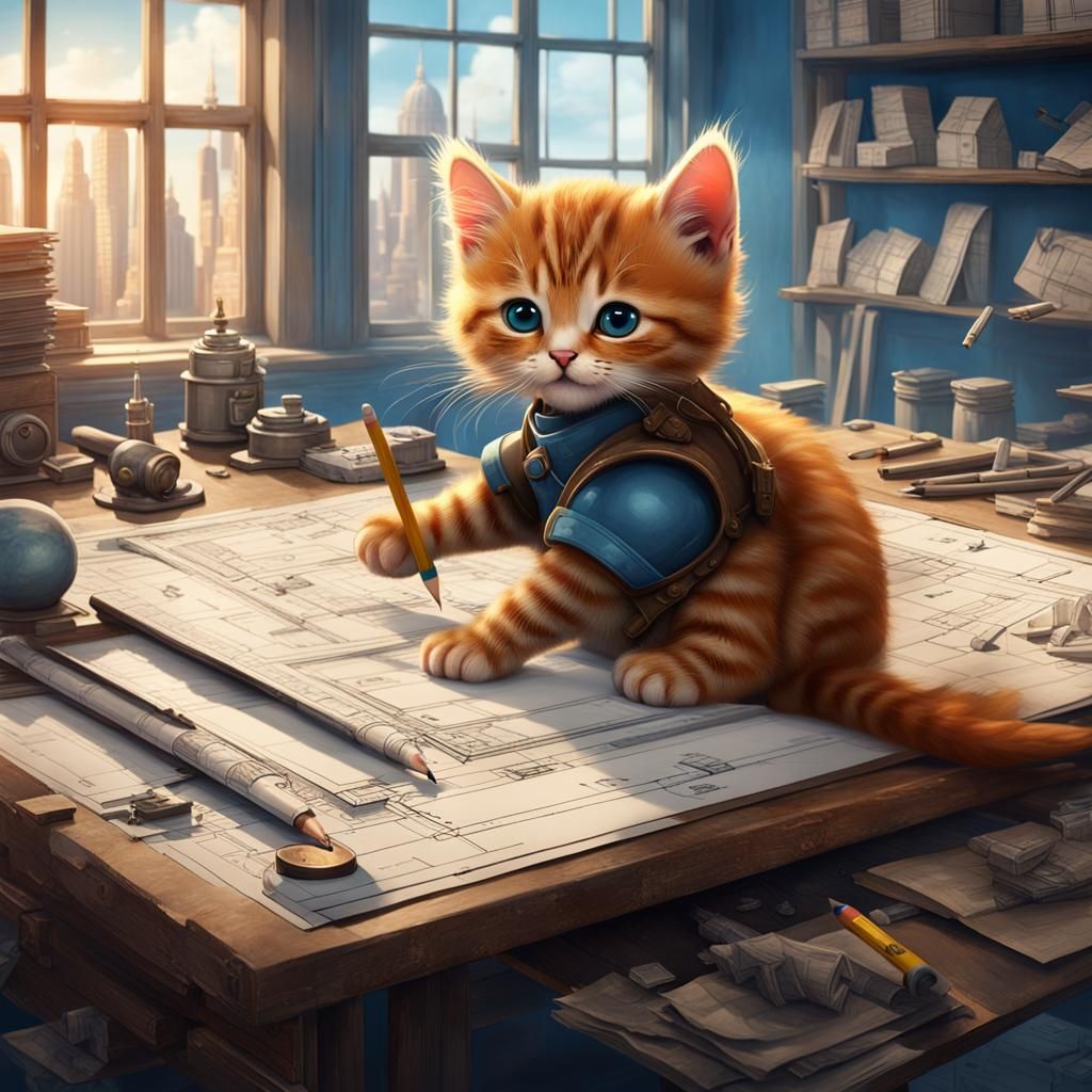 Kitten Architect: Humorous Blueprint Design