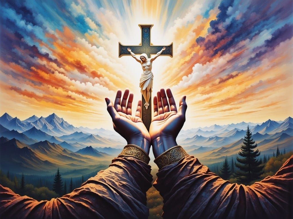 Hands Reaching Out to Jesus in Golden Renaissance Style