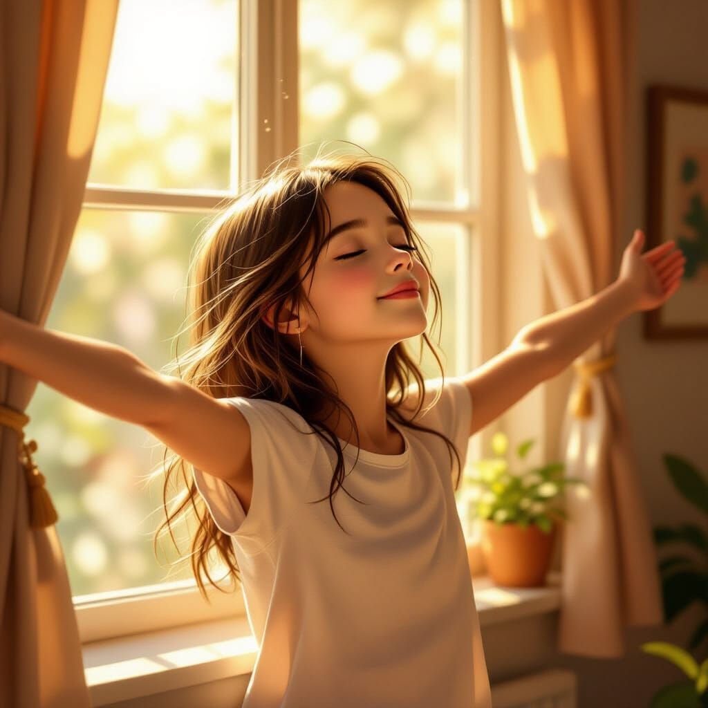 Teenager Stretching by Sunny Window in Digital Painting Styl...