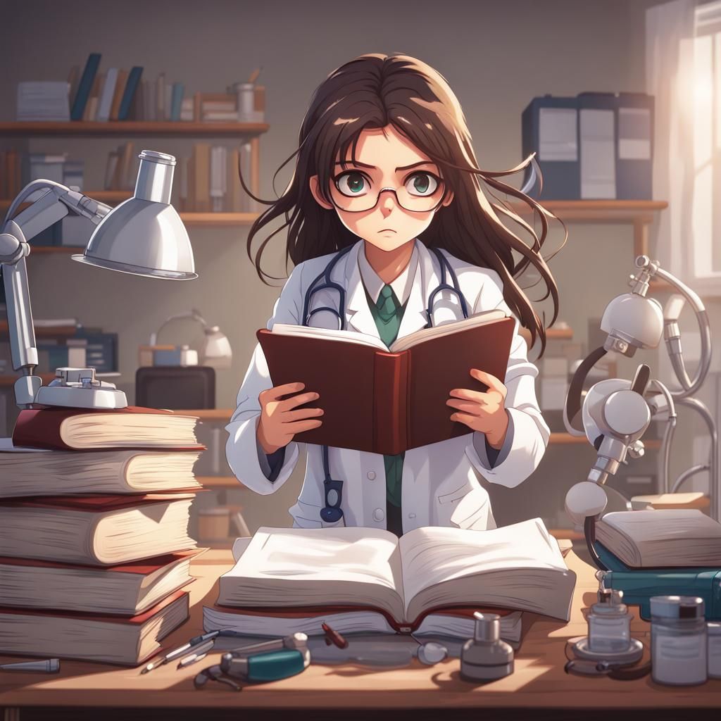 Stressed Anime Girl Studying with Cat