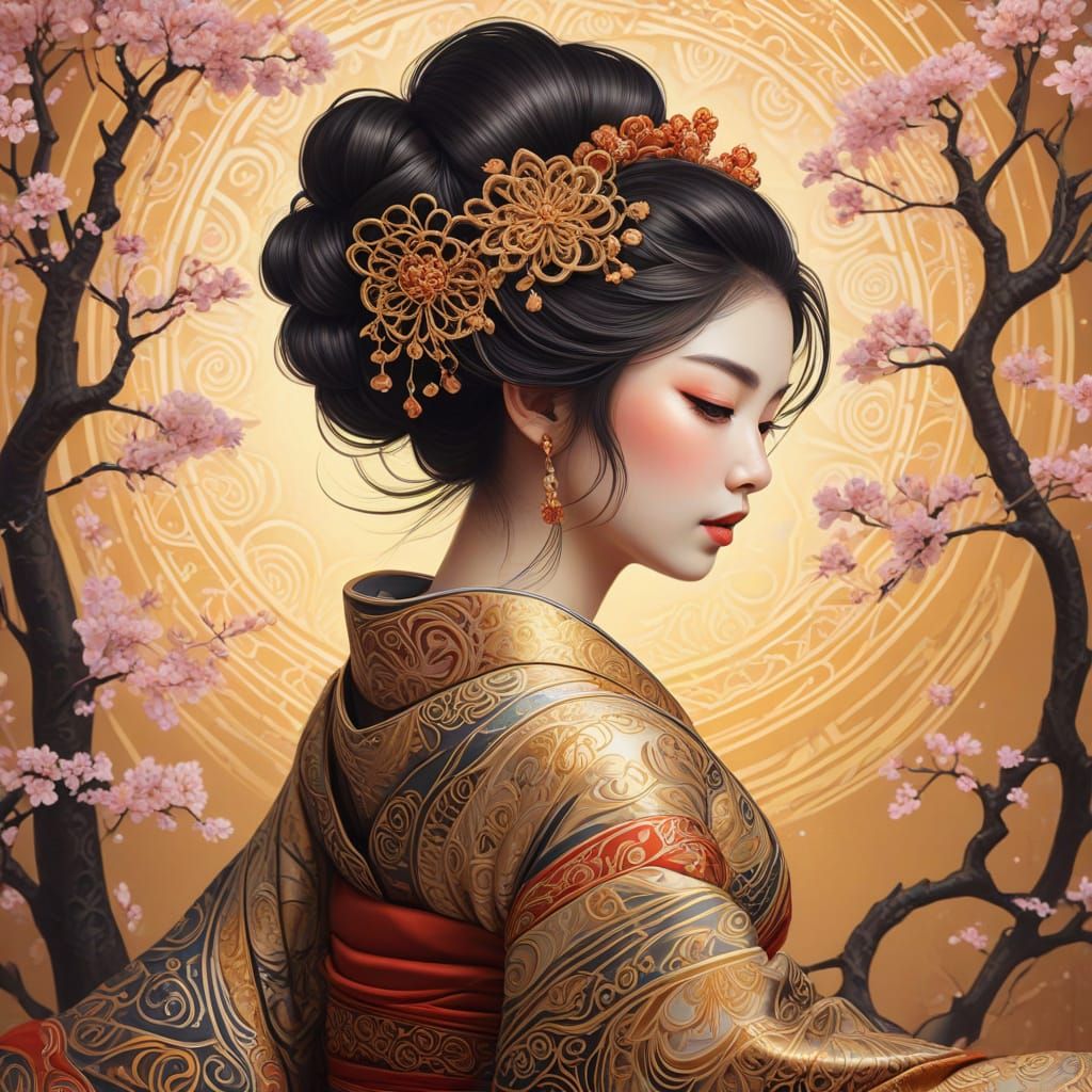 Intricate Geisha in Whimsical Zentangle Art