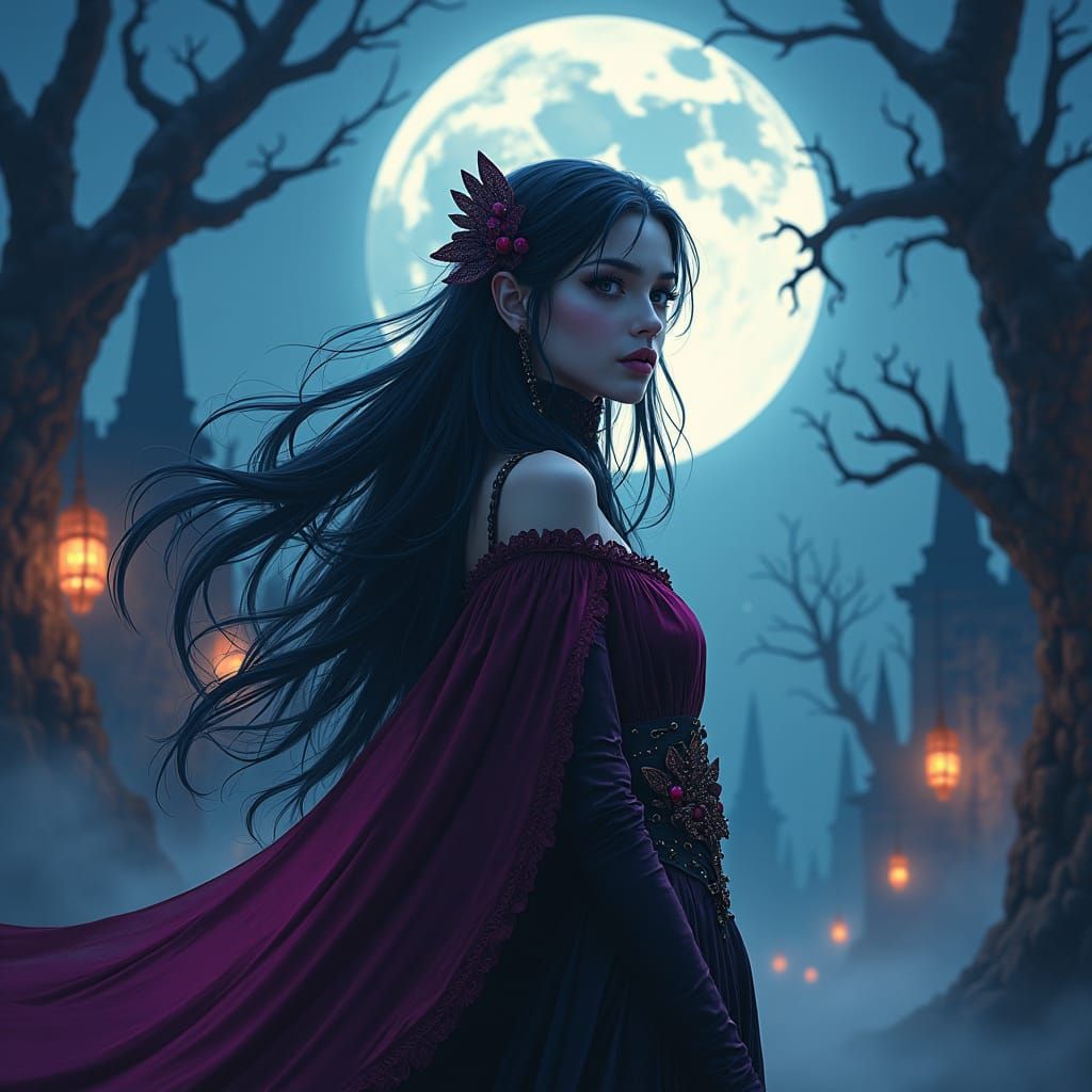 Anime Queen under Gothic Moon in Fantasy Art