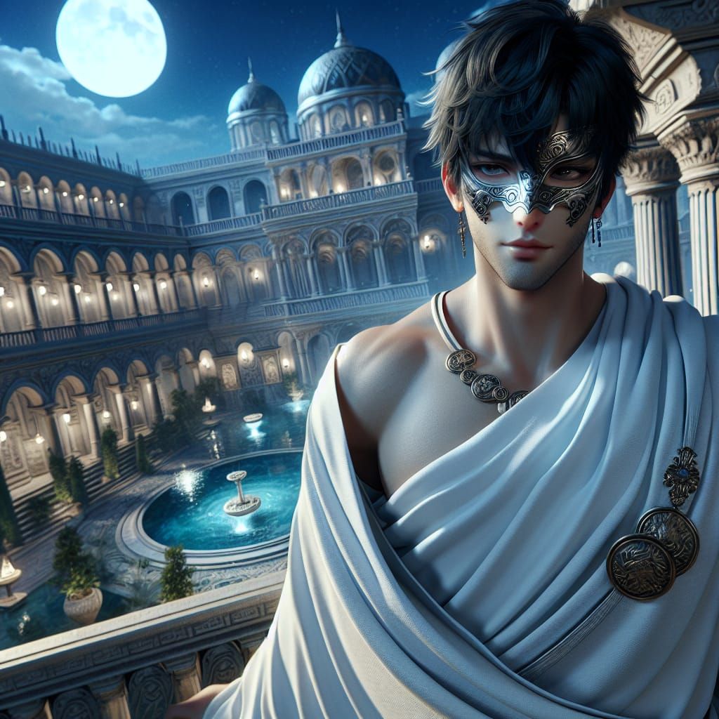 (profile) Handsome man with short black hair with a half-mas...