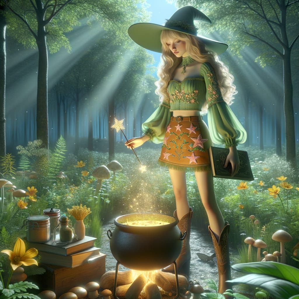 Young Witch in Magical Forest with Glowing Wand