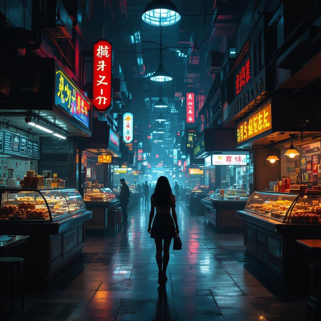 Dreamlike Food Court in Dimly Lit Labyrinth