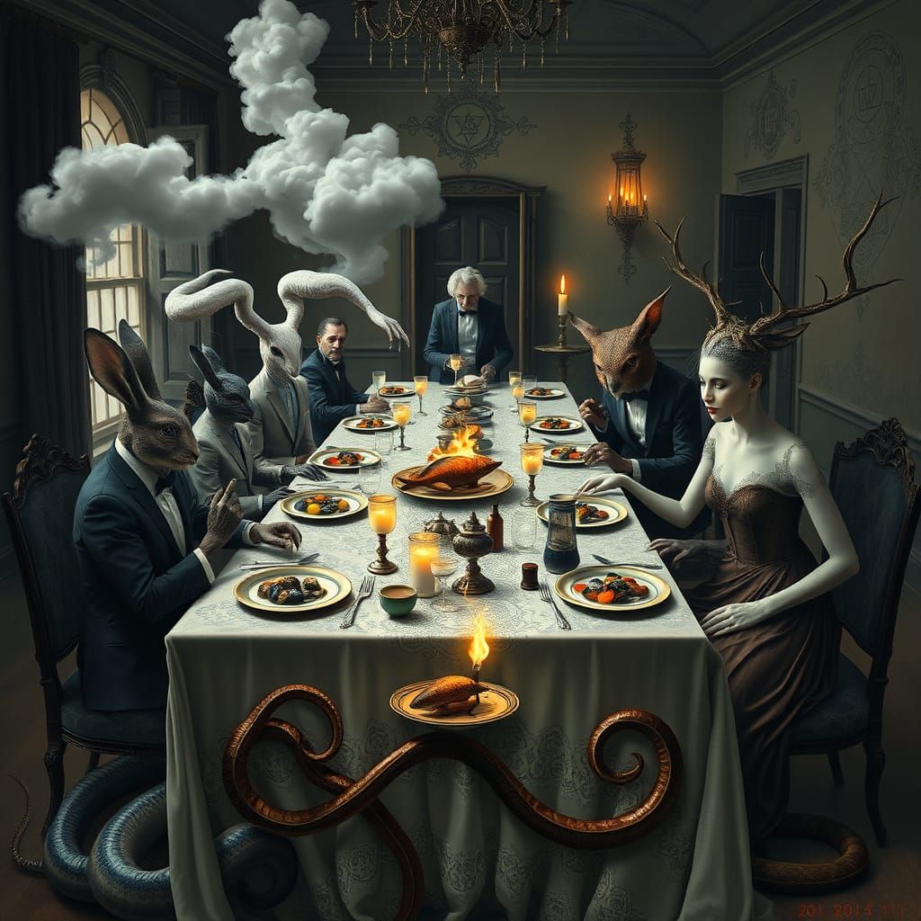 Ethereal Fine Dining Scene in Surrealist Style