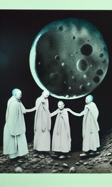 Monks Circle on Moon in Biopunk Watercolor