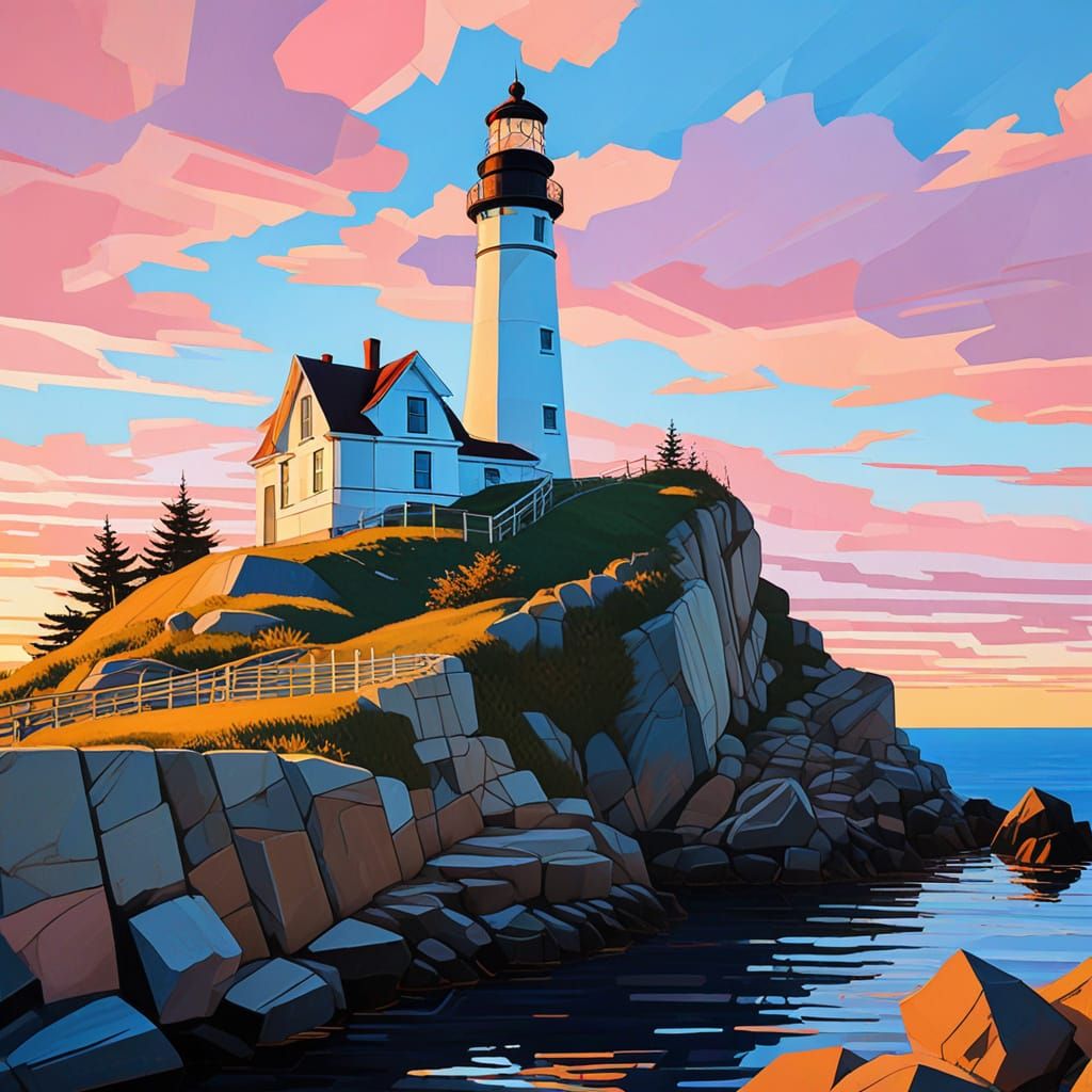 Cape Elizabeth Lighthouse Sunset in Cubist Style