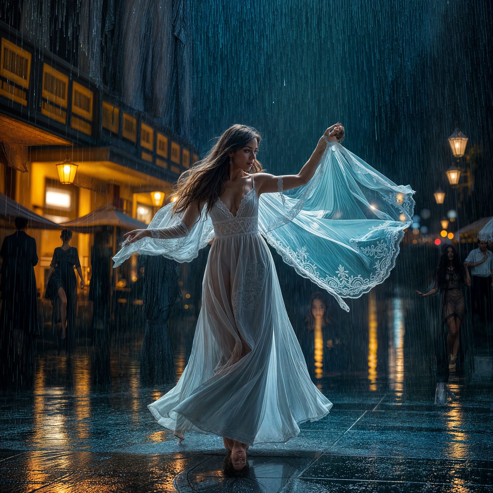 Woman Dancing in Diamond Rain at Midnight