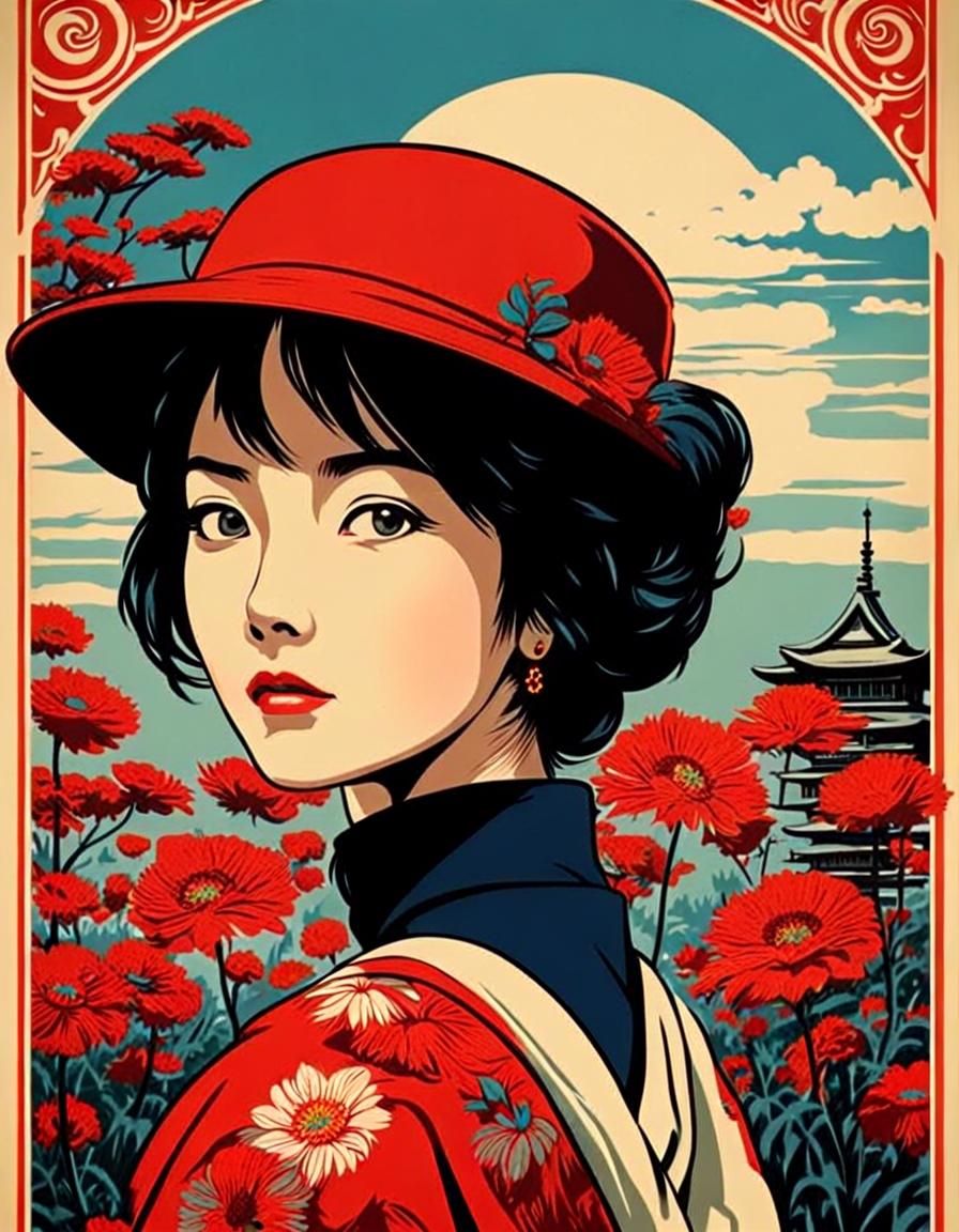 Woman in Studio Ghibli Style with Propaganda Art Elements