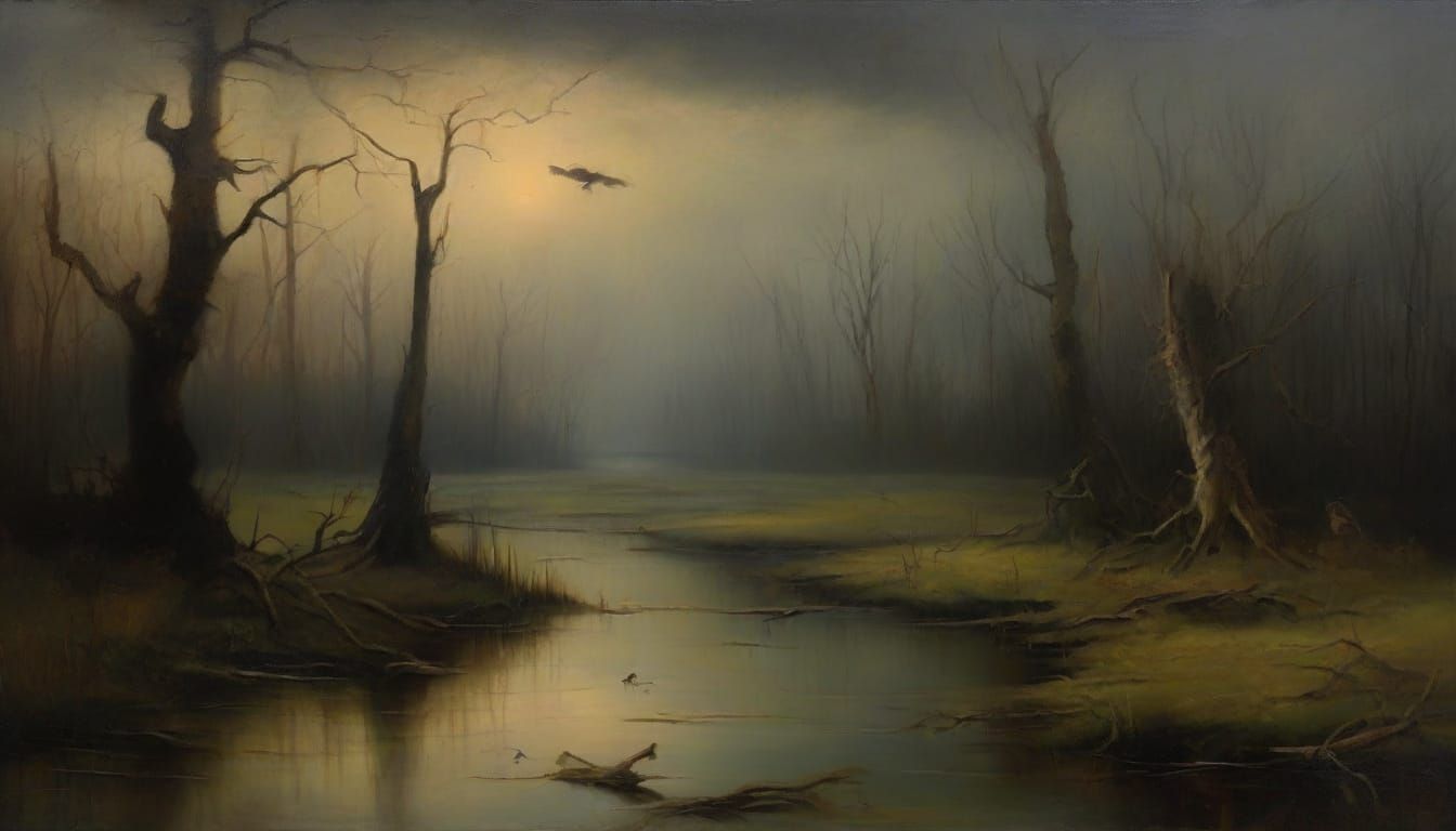 Haunting Swamp Oil Painting in Goya Style