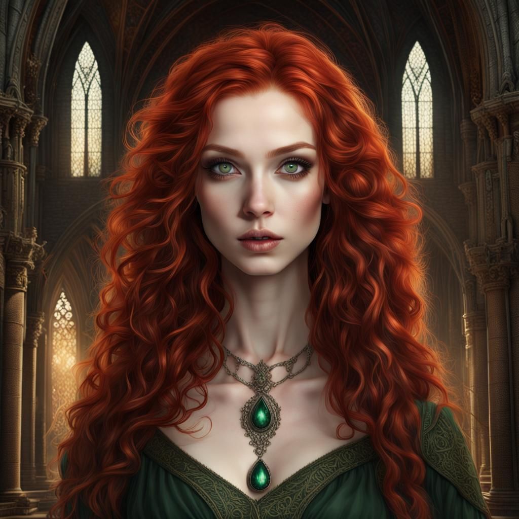 Fantasy Cathedral Portrait of Pale Woman with Red Hair