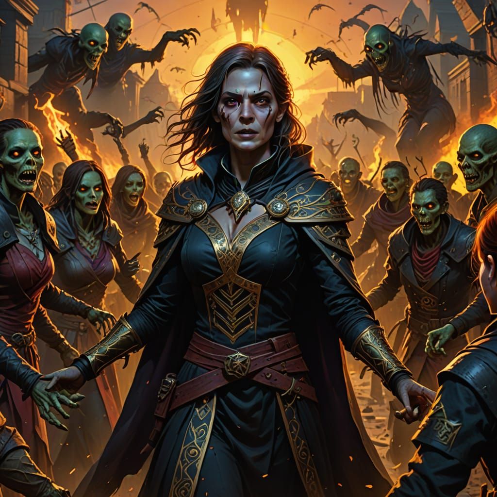 Warlock Directing Zombie Horde in Burning Village