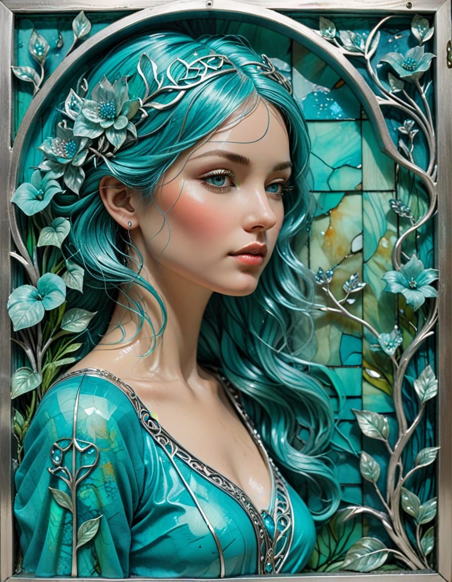 Art Nouveau Woman in Turquoise Looking at Garden