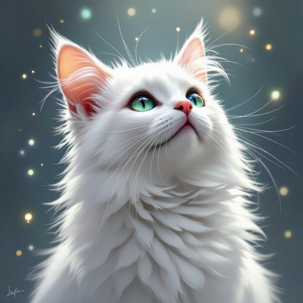 Majestic White Cat Gazing Upward Realistically