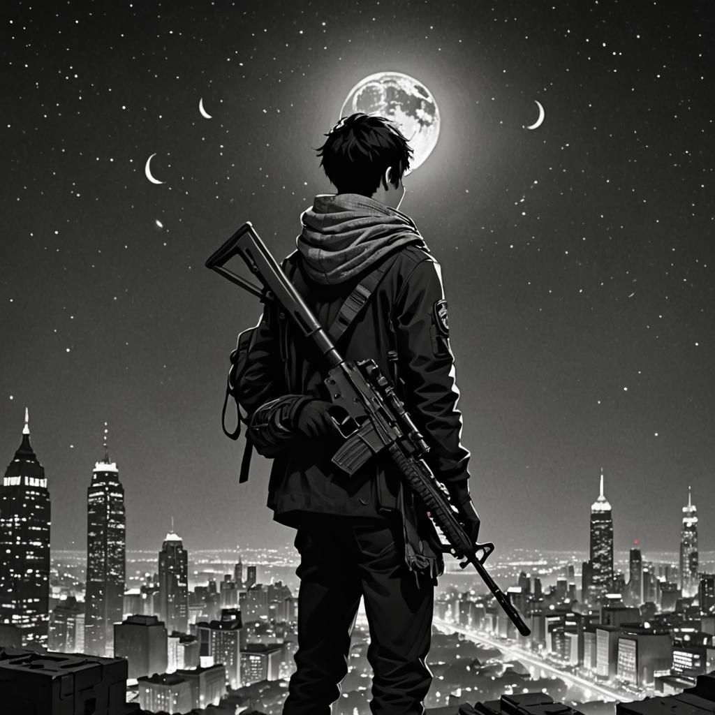 Monochrome Boy with Rifle Under Starry Moonlit Sky