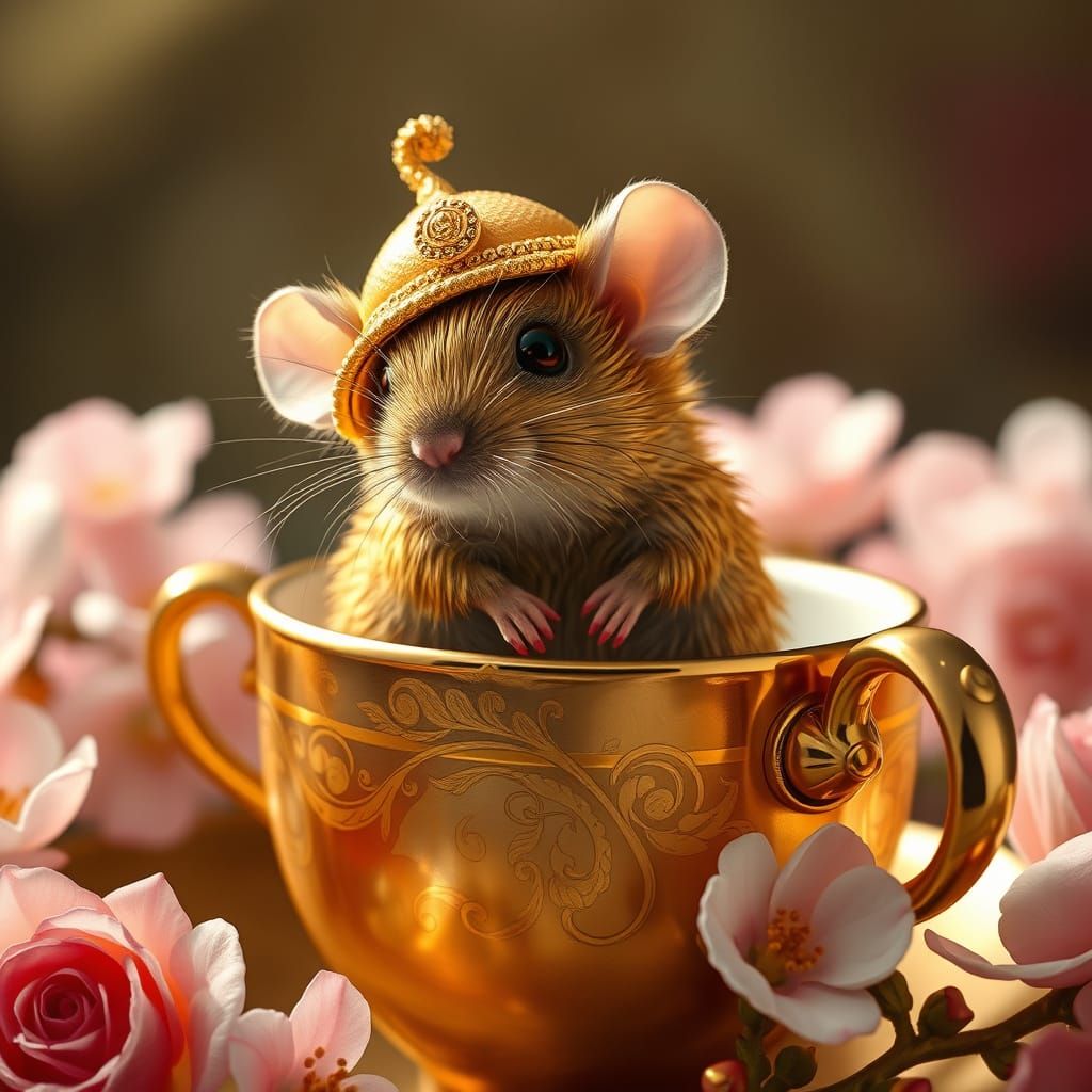Golden Mouse in Teacup: A Fabergé-Inspired Scene