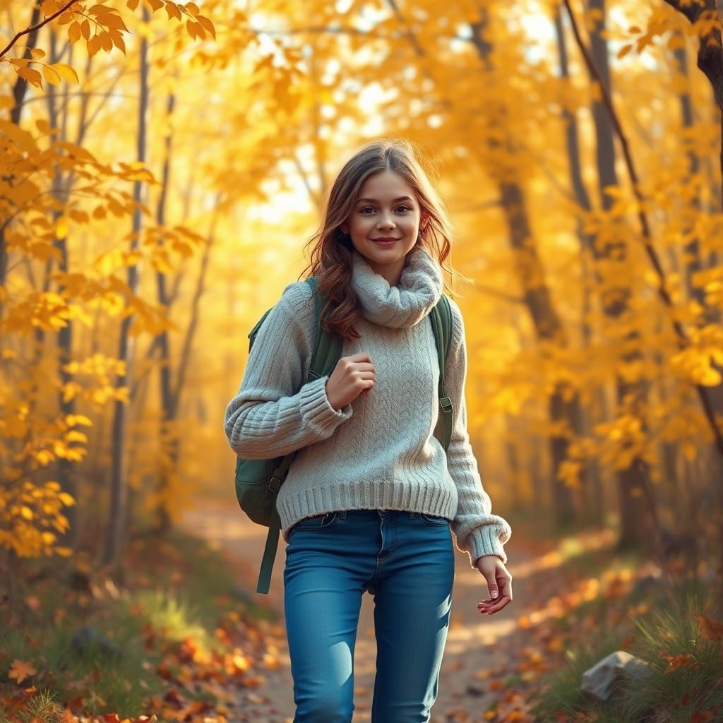 Girl Hiking in Autumn Forest: Impressionist Style