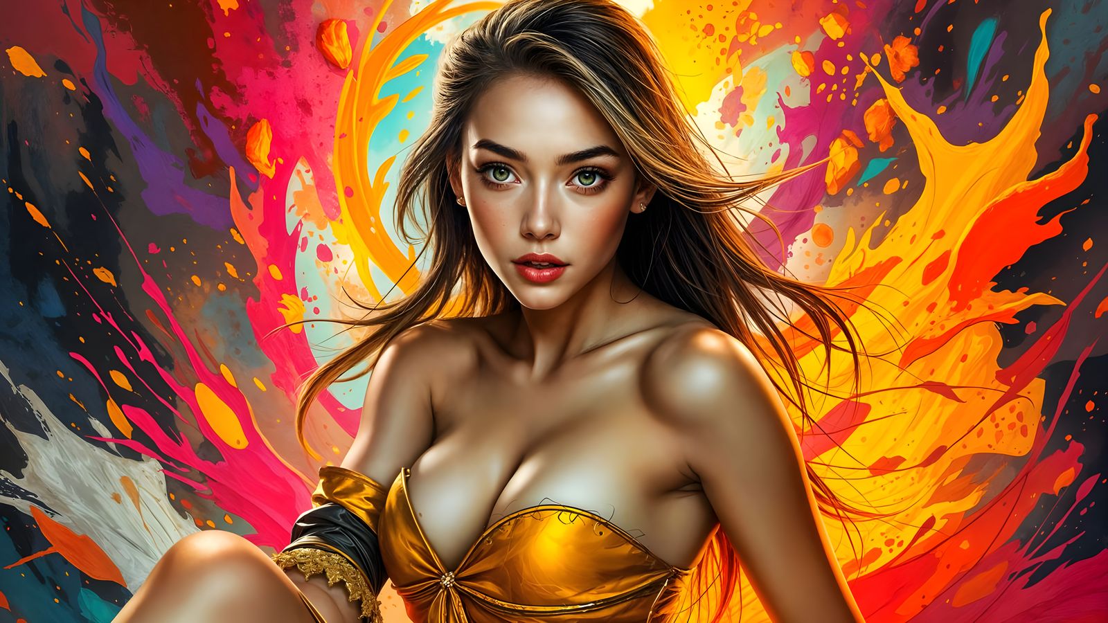 Woman in Intricate, Hyper-Realistic Splash Art Style