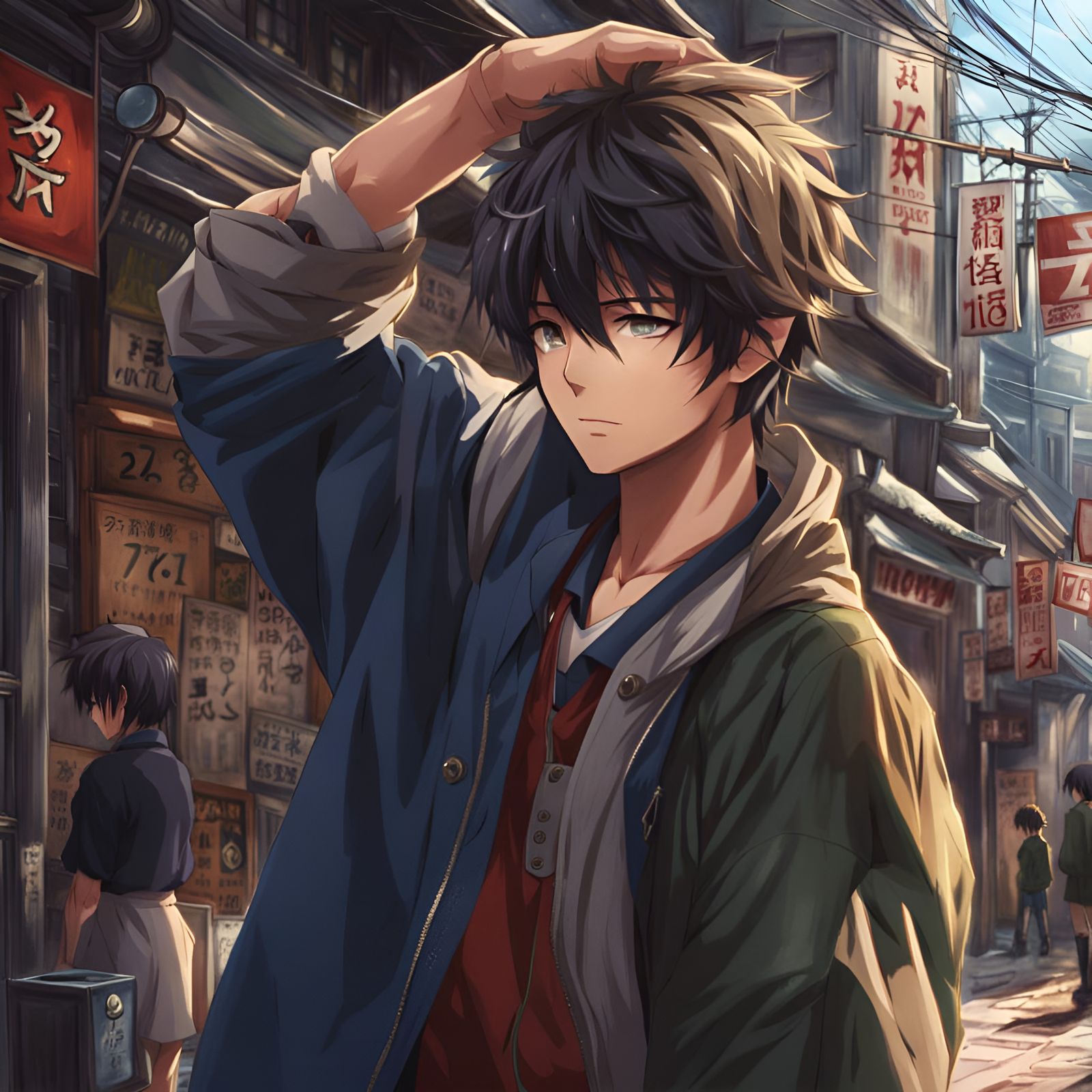 Anime Boy Styling Hair in City Street