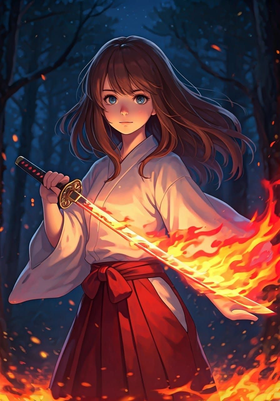Anime Shrine Maiden with Fire Magic