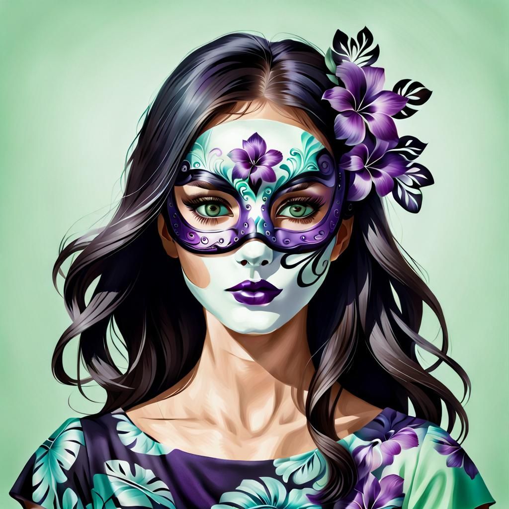 Masked Woman with Hawaiian Flowers in Airbrush Style