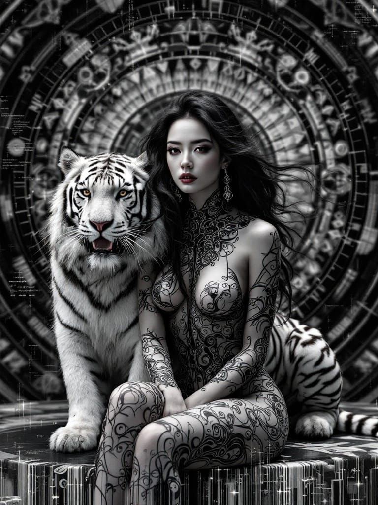 Fractal Glitch: East Asian Woman and Cyberpunk Tiger