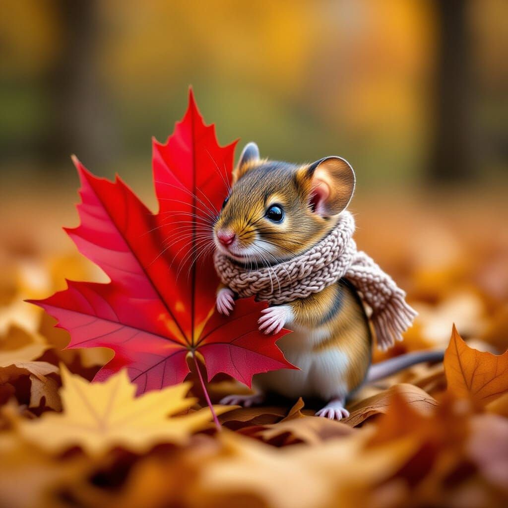 Tiny Mouse in Scarf Peeks From Maple Leaf