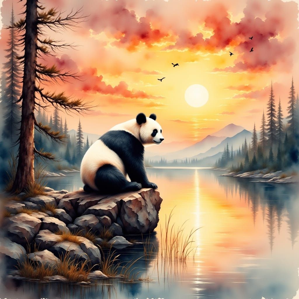 Panda Contemplating Sunset Over Lake in Watercolor Style