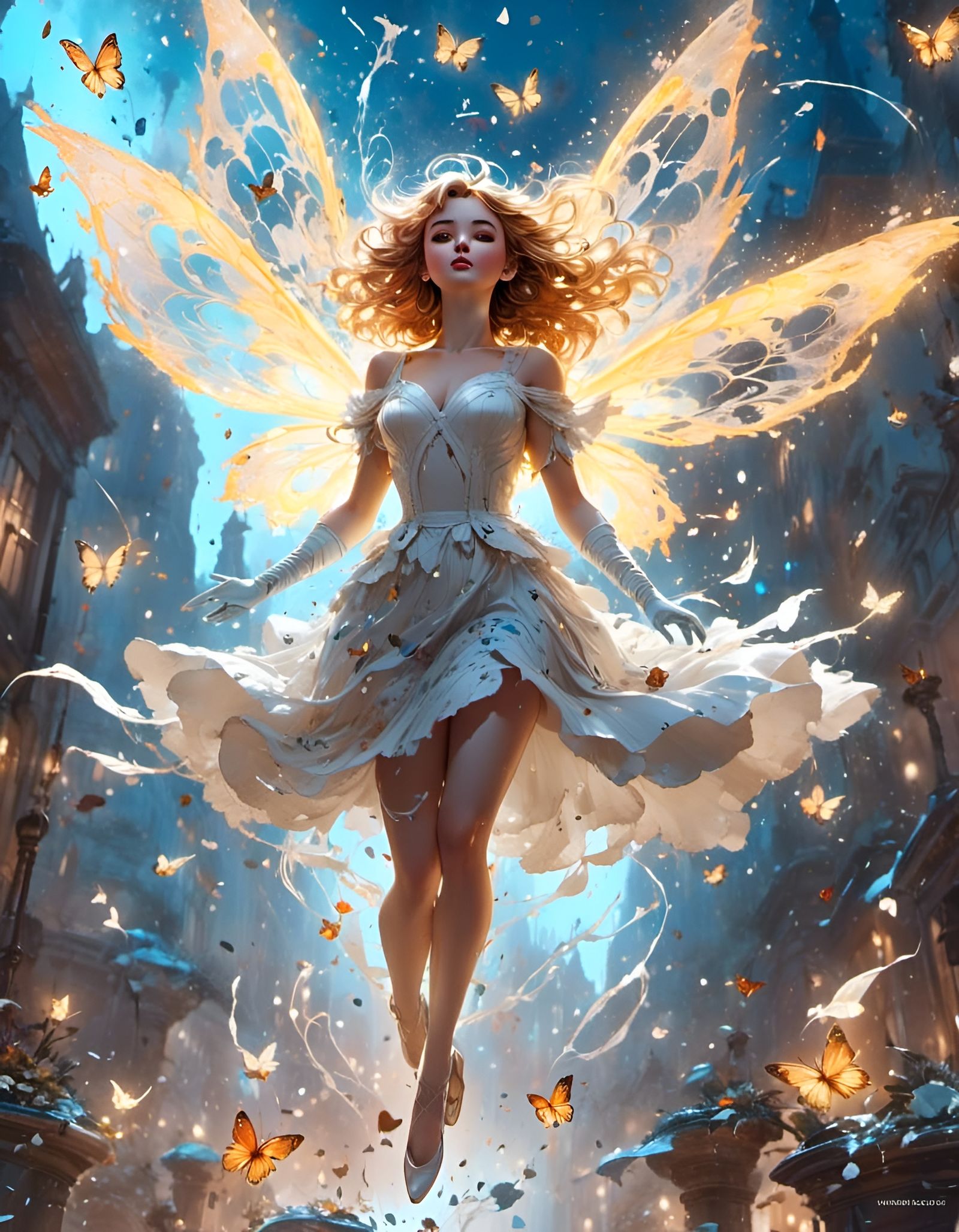 Charming Girl Soars with Butterflies in Dreamy Linework Orna...