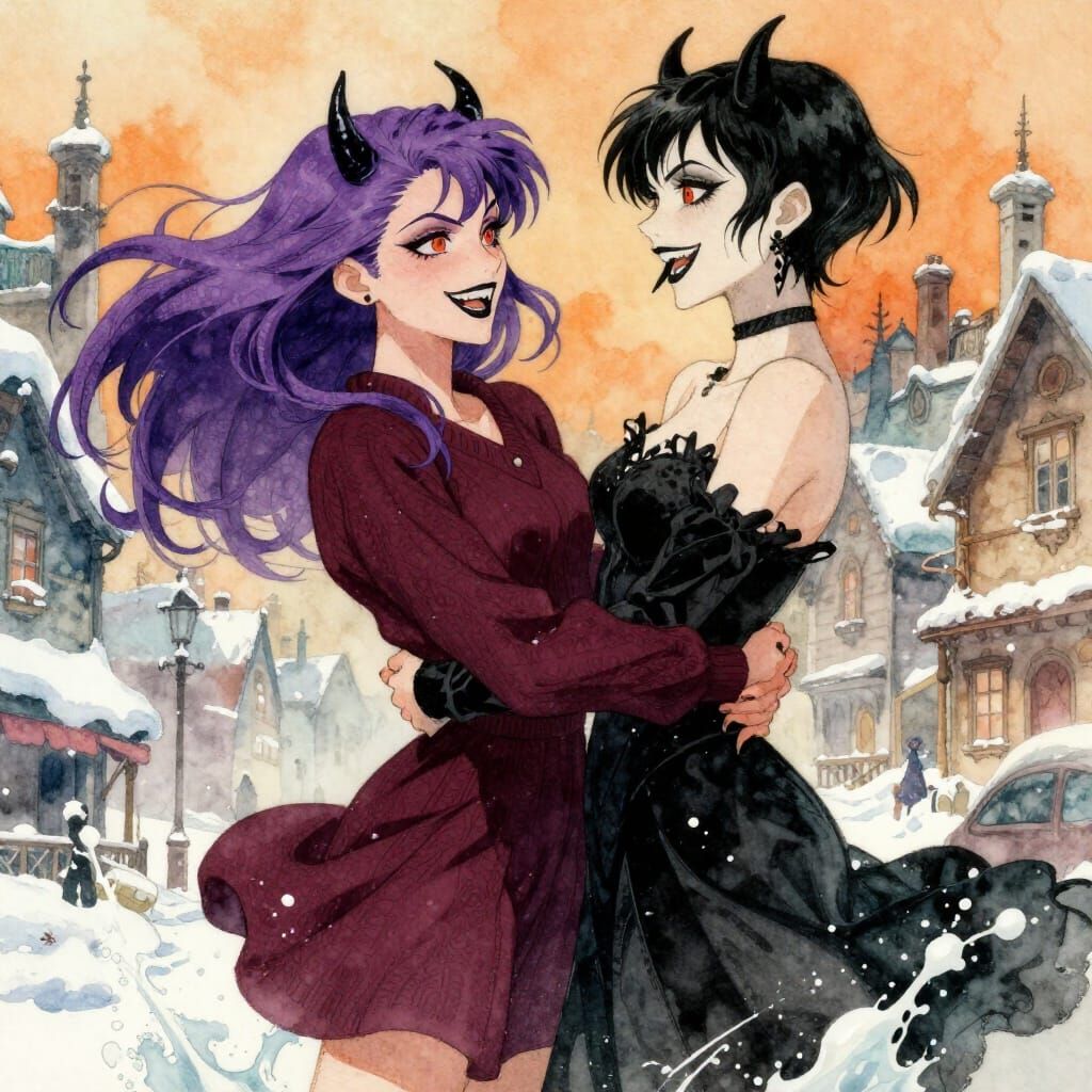 Two Female Demons Dancing in Wintry Town