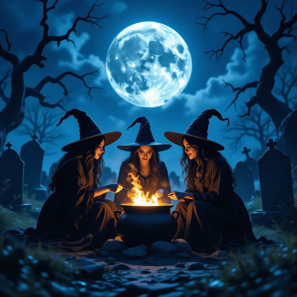 Witches' Cauldron Under Full Moon in Spooky Graveyard