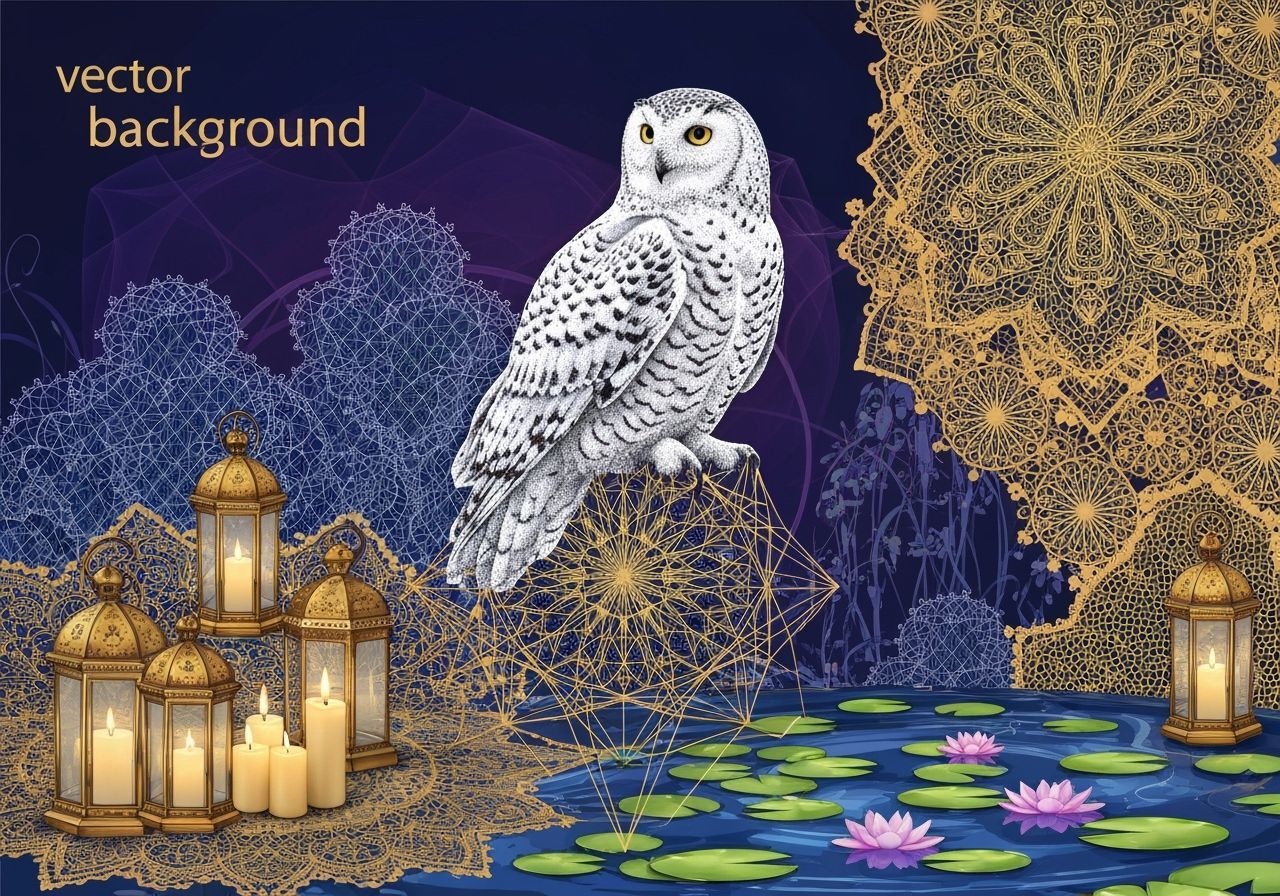 Pointillist Snow Owl on Geometric Fractal